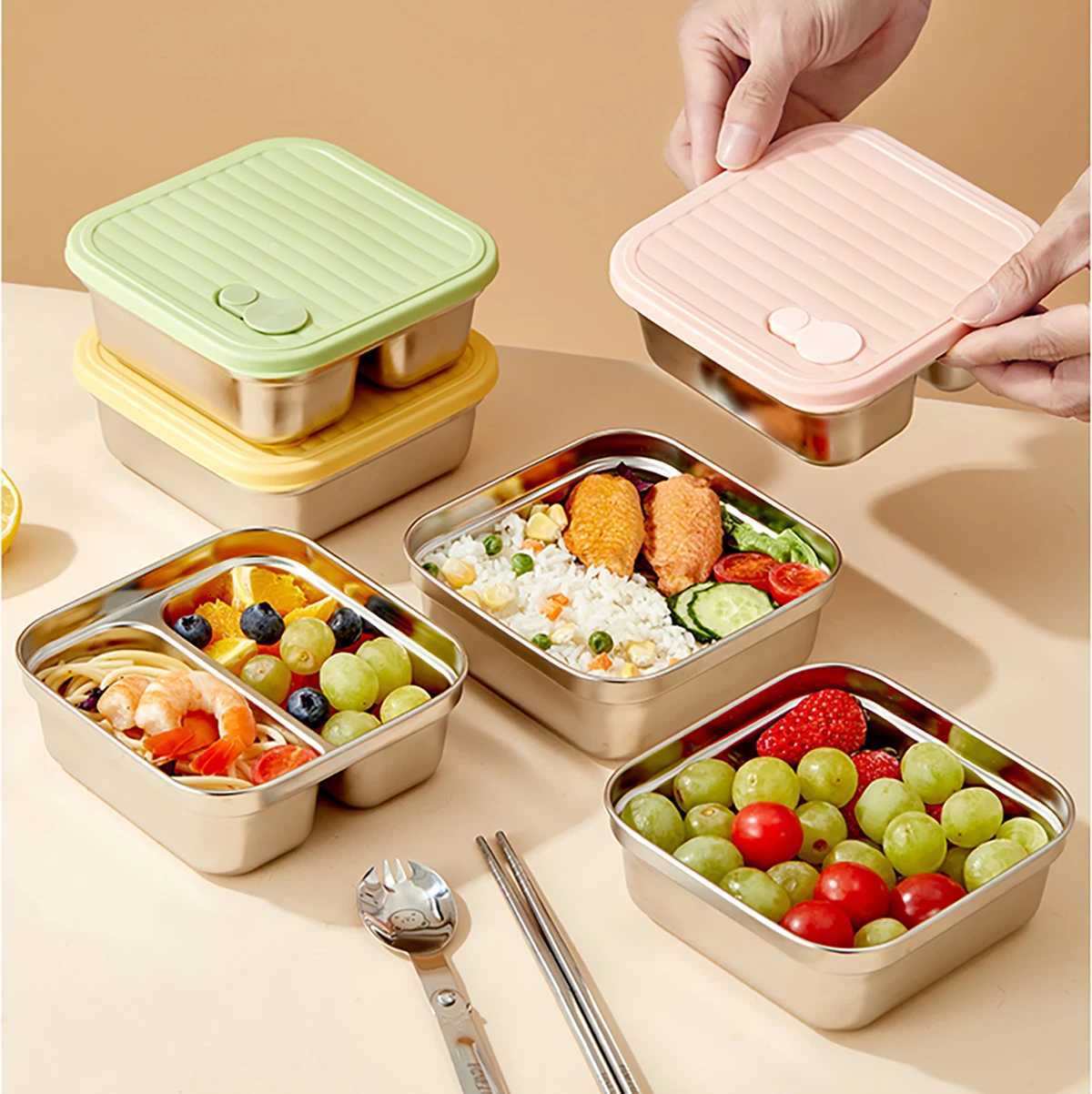 WORTHBUY Portable 304 Stainless Steel Lunch Box For Kids Students Travel Picnic Reusable Sed Leak Proof Fruit Salad Bento Box H251213