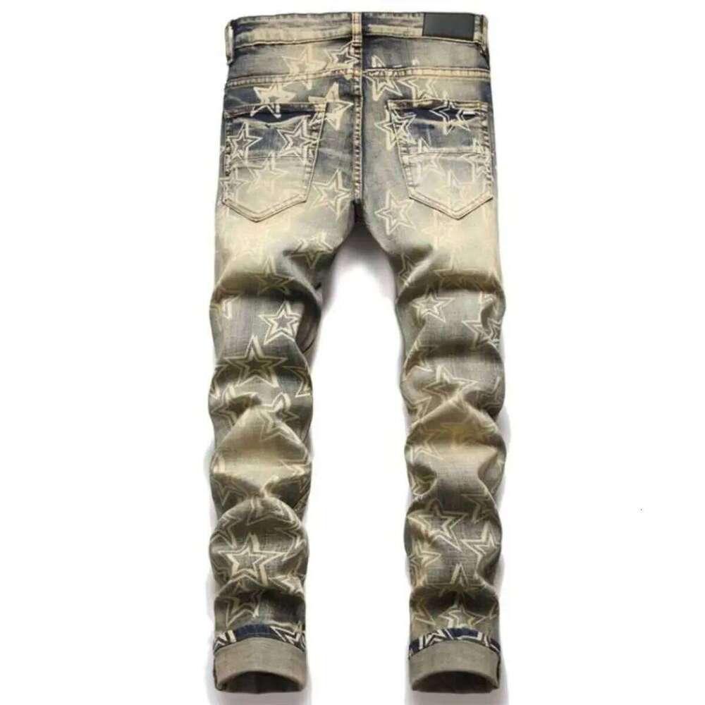 High street trendy brand new men's retro distressed jeans patch slim fit leggings C251215