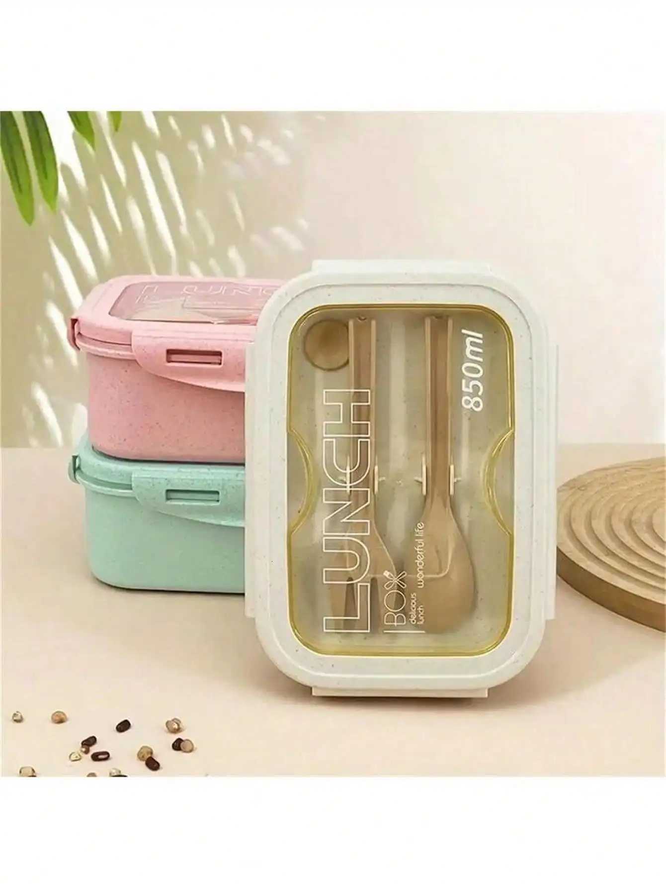 1pc lunch box with two cpartments built-in cutlery set reusable and microwave heated with lid removed suitable for kitche H251213