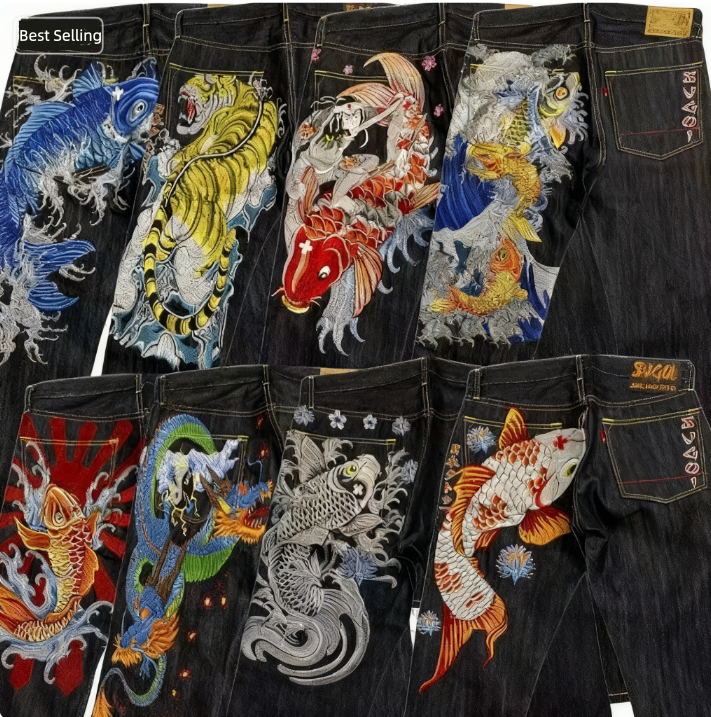 Men's Jeans Karakuri Brocade Carp Printed Ukiyo-e Carp and Cherry Blossom Classic Fashion Trousers Men Women Casual Denim Pants Sakura Hip-hop St