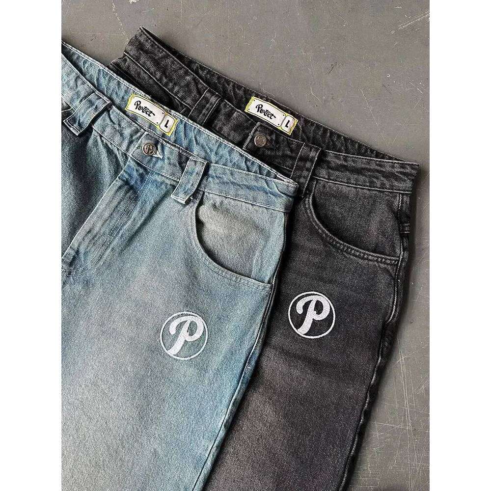 Y2K Protect Streetwear Hip Hop Mens Pants Harajuku Letter Embroidery Vintage Blue Baggy Jeans High Waist Wide Leg Trouser C251215