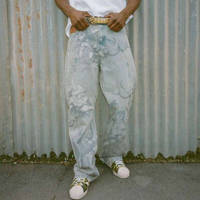 Y2k Retro Baggy Trendy Cupid Angel Pattern Men Women Pants American Hip Hop Streetwear Unisex Casual Straight Leg Jeans C251215