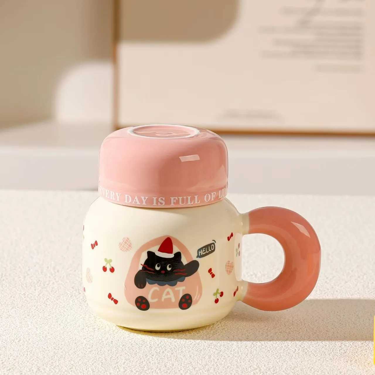 High Beauty ry Blosss Tall Cups Cartoon Ceramic gs Heat-resistant Tip Coffee gPolka Dot Cat Dog Kawaii Cup H251215