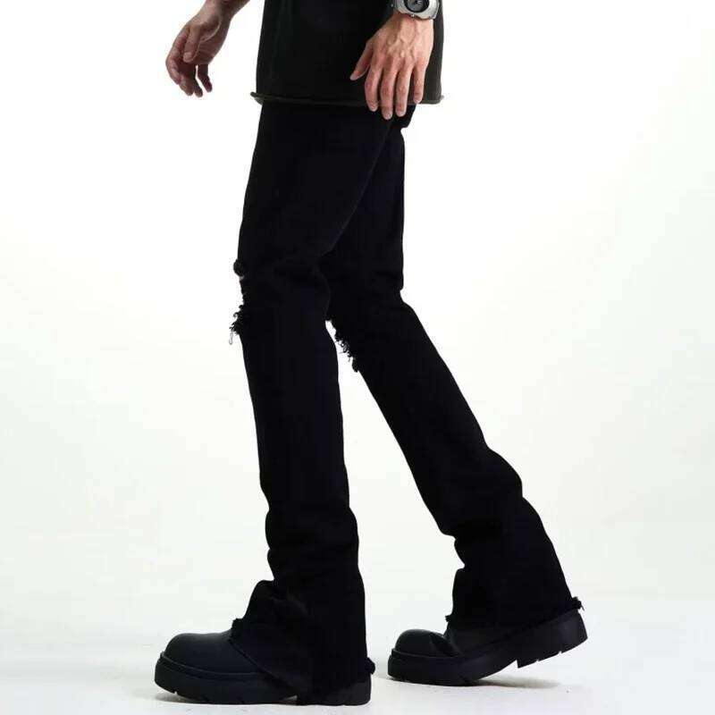 Men Fashion Cool Style High Street Goth Jeans Male Daily Straight Ripped Pants Skinny Casual Bell Bottom Denim Trousers C251215