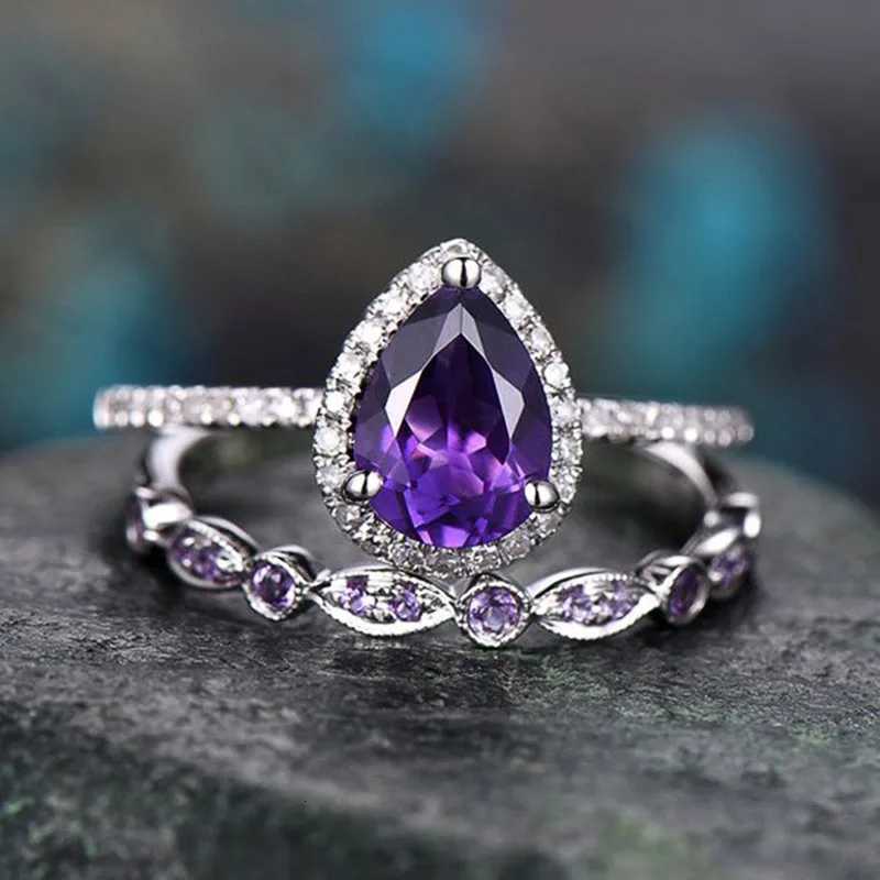 Purple Cubic Zircon Set Rings for Women Wedding Party Temperament Elegant Lady Accessories Fashion Jewelry M251215