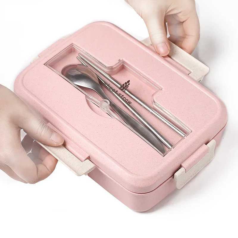 Microwave Lunch Box Wheat Straw Dinnerware with Spoon Chopsticks Food Storage Container Children Kids School Off Bento Box H251213