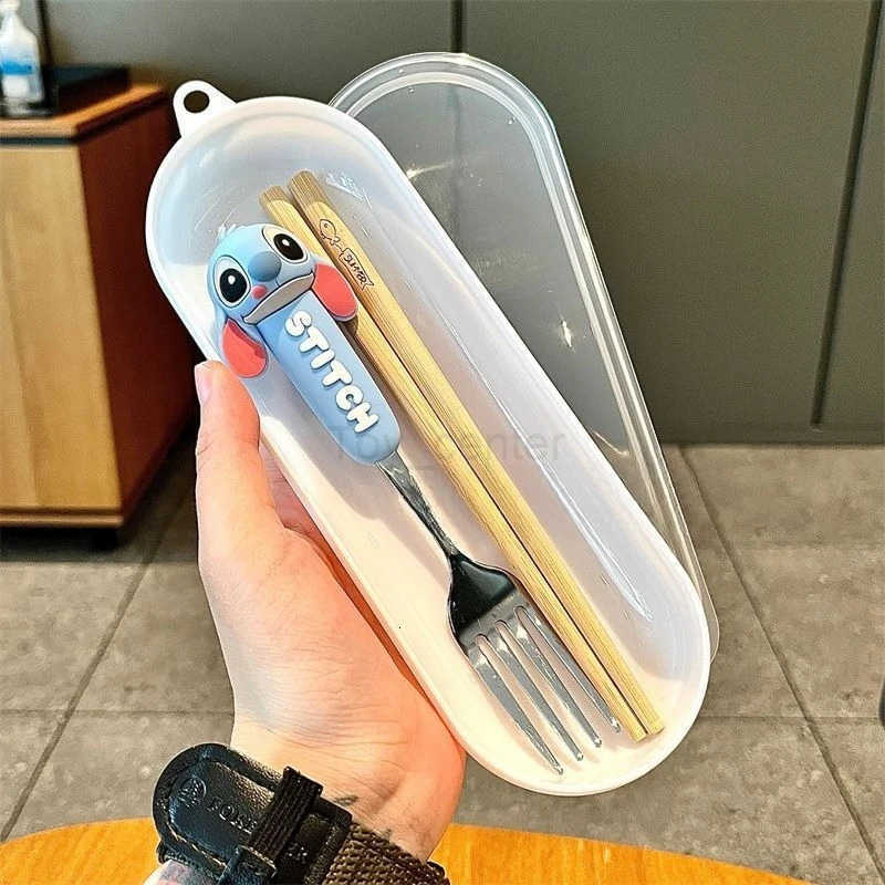 Disney Stitch cute sweet kawaii creative good value anime peripheral student portable cartoon cutlery set spoon fork chopsticks gift H251215