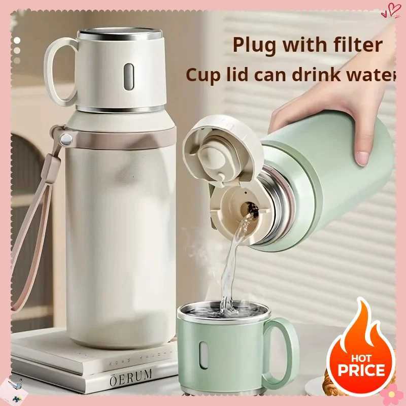 Stainless Steel Thermos Cup 600ml 24h Insulation Insulated Water Bottle with Cup Portable Handheld Tumbler for Camping Hiking H251215