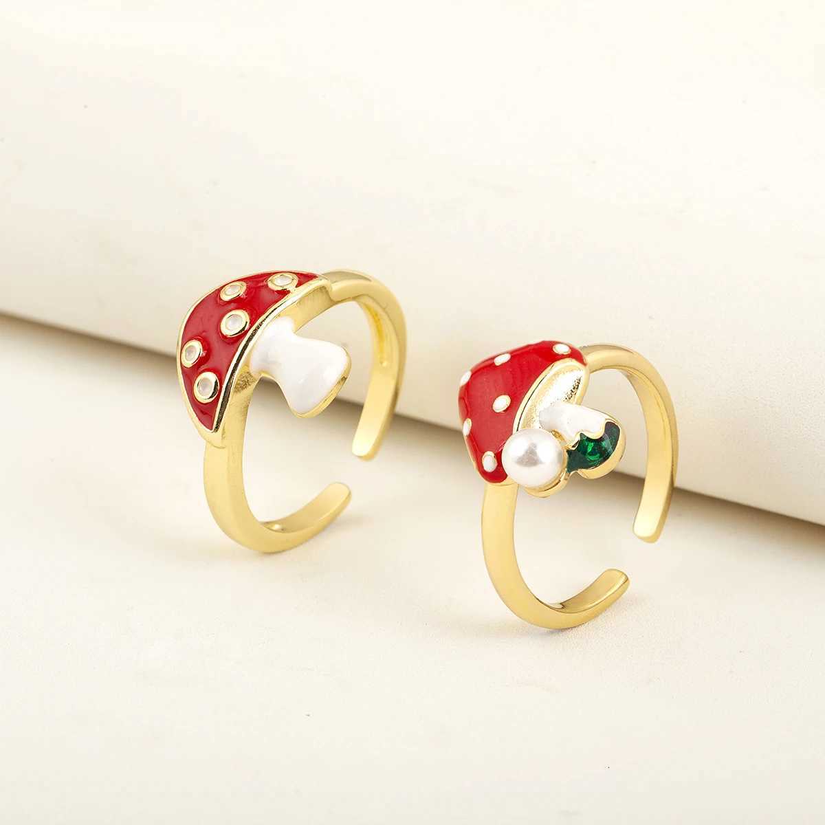 Nidin New Style Mushroom Shape Inlaid Zircon Pearl Enamel Drip Opening Adjustable Rings For Women Girl Cute Sweet Finger Jewelry M251215