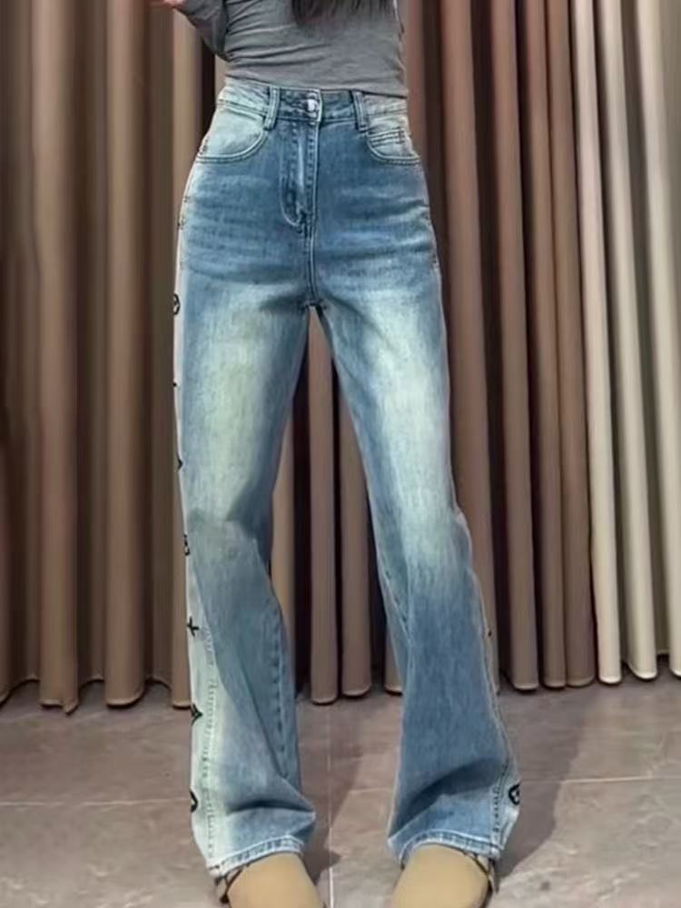 Plus size street clothing retro fashion high waist wide leg trousers letter hip-hop style loose women's jeans can be worn to 200 kg. Z260313