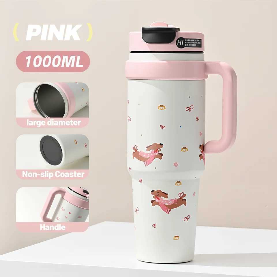 1PCS 32oz Insulated Tumbler With Handle And Lid Straws Stainless Steel Travel Coffee Cup Holder Friendly Metal Water Bottle Ke H251215