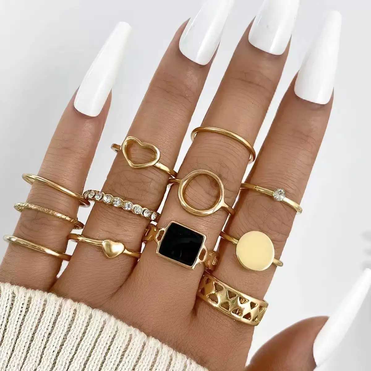 10PC Bohemian-Style Retro Simple Rrregular Gold Fashion Twisted Spiral Mixed Style Ring Set Suitable As a Jewelry Gift for Ladi M251215