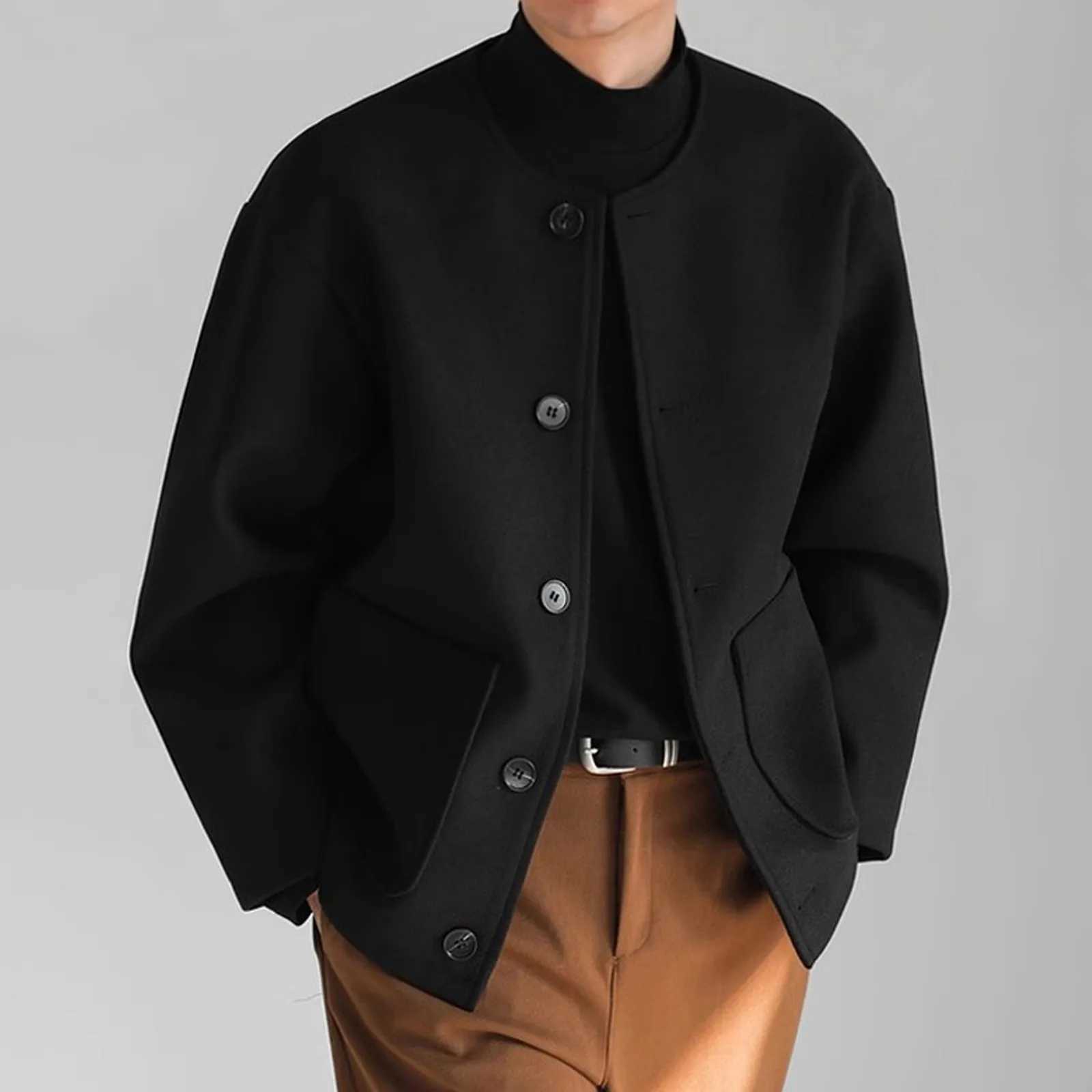 MenS Casual Jacket Design Collarless Loose Silhouette Woolen Solid Color Jacket Windbreaker MenS Jacket H251215 - view 6