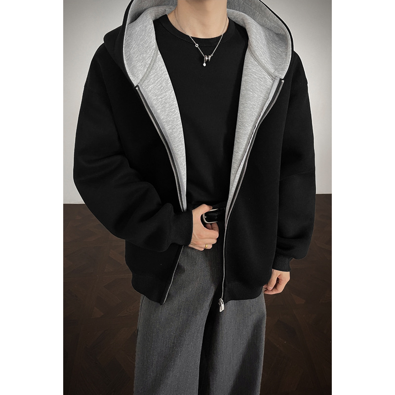430G Heavyweight Patchwork Cardigan Hoodie for Men - American Trendy Brand Boxy Cropped Silhouette Top, Casual Outerwear