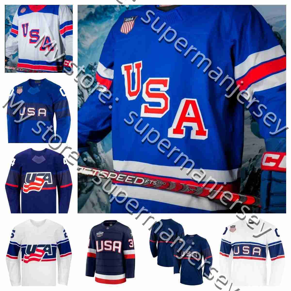 34 AustonS MatthewsS USA Team 2026 Olympices hockey jersey 43 Quinn Hughes Jack Eichel Charlie McAvoy JT Miller Matthew Tkachuk Cole Caufield Clayton Keller Men