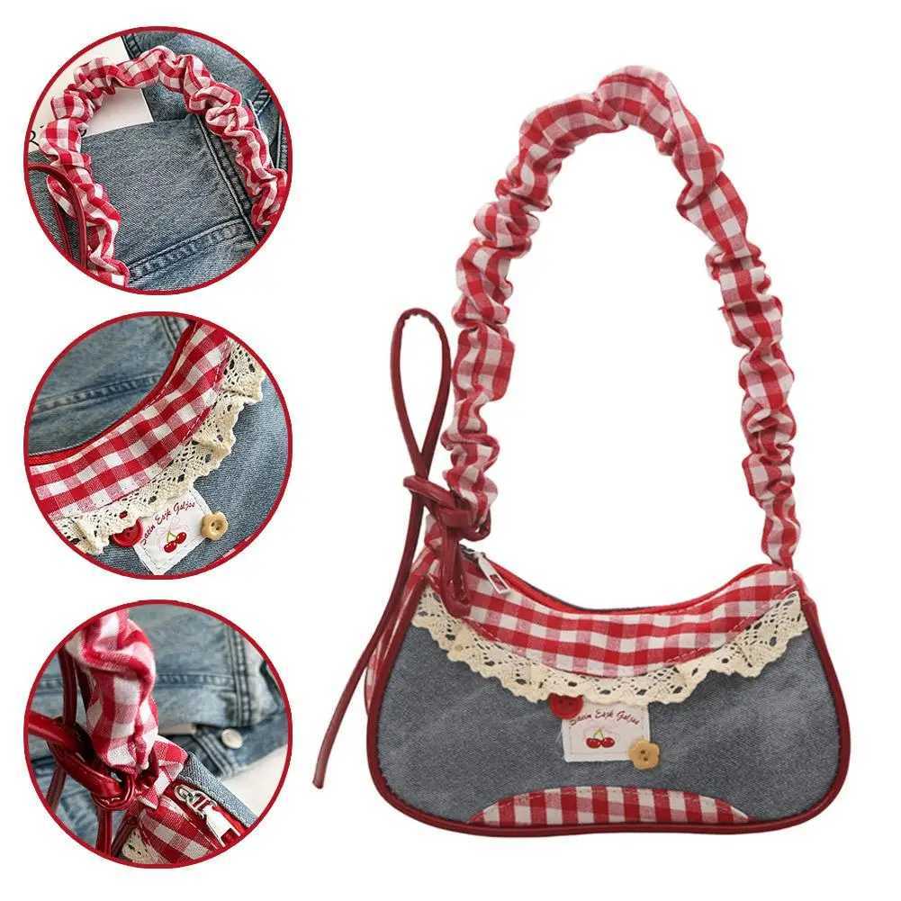 Fashion Grid Women Bag Lace Ribbon Stretchable Shoulder Strap Single Shoulder Underarm Bag Daily Commuting Student HandbagT251215