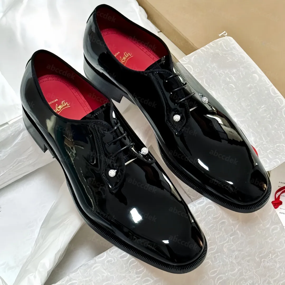 Designer Men's Dress Shoes Loafers Genuine Leather Patent Leather Red Glossy Sole Shoes Men's Casual Shoes Low-top Casual Wedding Shoes Pointed rivets Leather Shoes