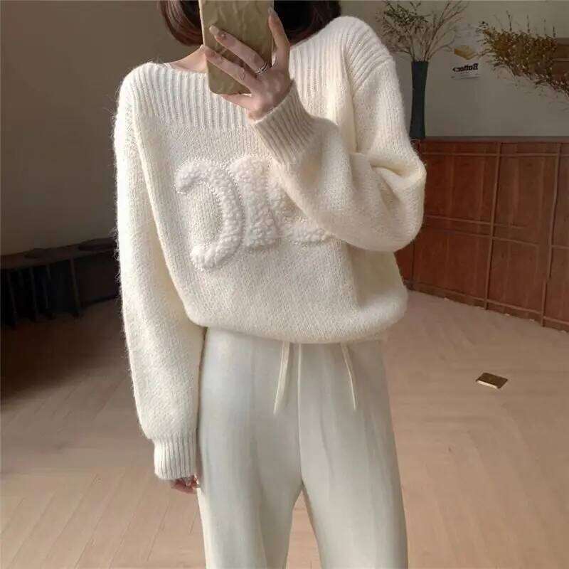 Autumn Winter All-Match Fashionable Jacquard Sweater Women Clothing Simplicity Printing Solid Color Knitting Loose Pullovers