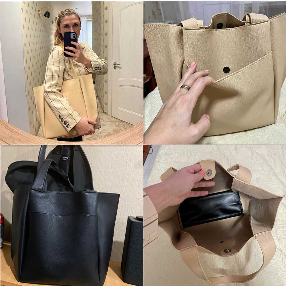 High Quality Soft Leather Woman Casual Tote Shopper Solid Color Handbags Large Capacity Single Shoulder Bag with Outer PocketT251215