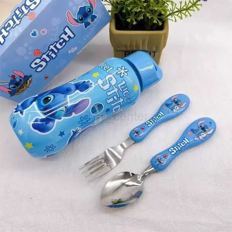 Disney 3Pcs Set Disney-Anime Stitch Water Bottle Set for Kids Portable Tableware Cartoon Childrens Spoon Fork Outdoor Gift H251215