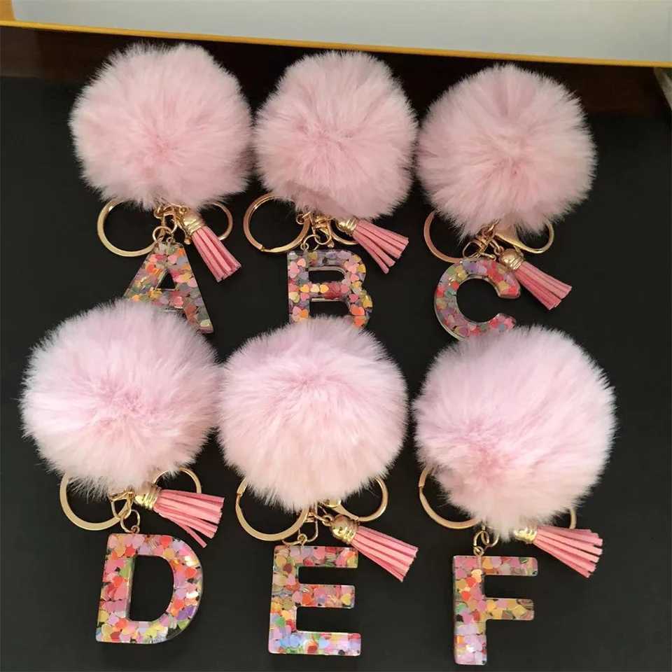 Trend Acrylic Pink Pompom Glitter 26 Initials Letter Keychain With Fluffy Resin Alphabet Charms Key Pendant Party Gift M251215