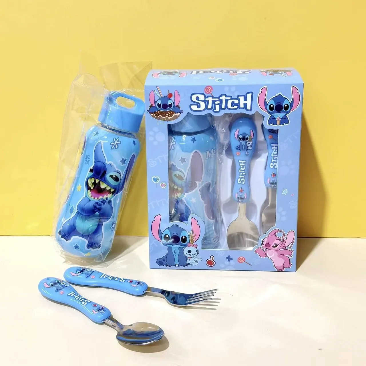 Disney 3pcs/set Anime Stitch Water Bottle Set Cartoon Cute Childrens Spoon Fork Water cup Kids outdoors Portable Tableware Gift H2512151