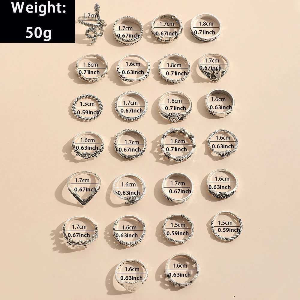 26Pcs/Set New Vintage Heart-shaped Tai Chi Face Snake Fashion Personality Ring Metal Star Hollow Splicing Multi-articular Ring M251215