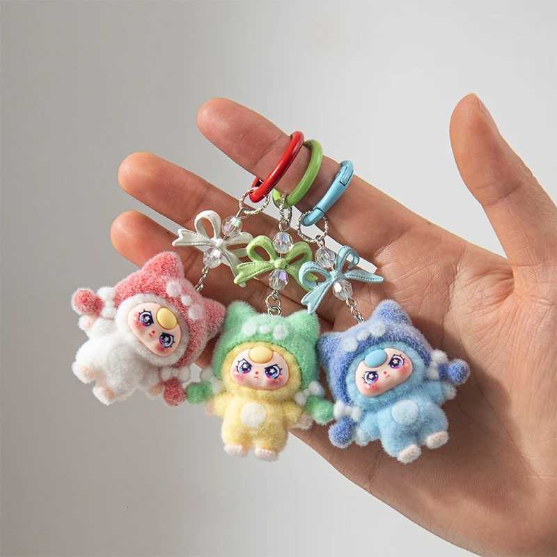 Mini Three Flocking Keychain Trendy Blind Box Figures Key Chain Kawaii Dora Wendy Doll Keyring Bag Charms Christmas Gifts M251215