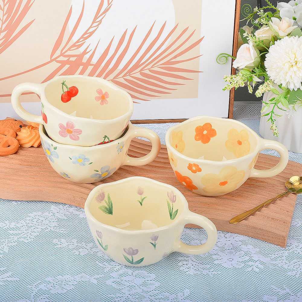 Ceramic gs Coffee Cups Hand Pinched Irregar Flower Milk Tea Cup Ins Korean Style Oatmeal Breakfast g Drinkware Kitchen H251215