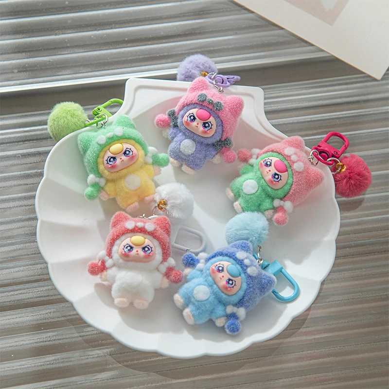 Mini Three Flocking Keychain Trendy Blind Box Figures Key Chain Kawaii Dora Wendy Doll Keyring Bag Charms Christmas Gifts M251215