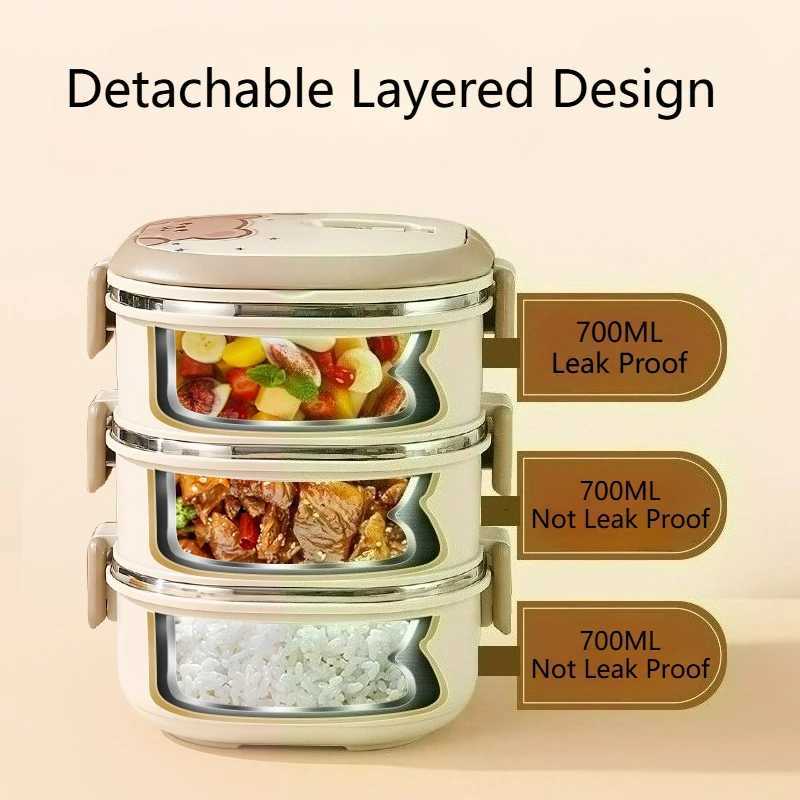 WORHTBUY Cute Square Insated Food Container With Spoon Portable Large Capacity Stackable 304 Stainless Steel Lunch Box For Kid H251213