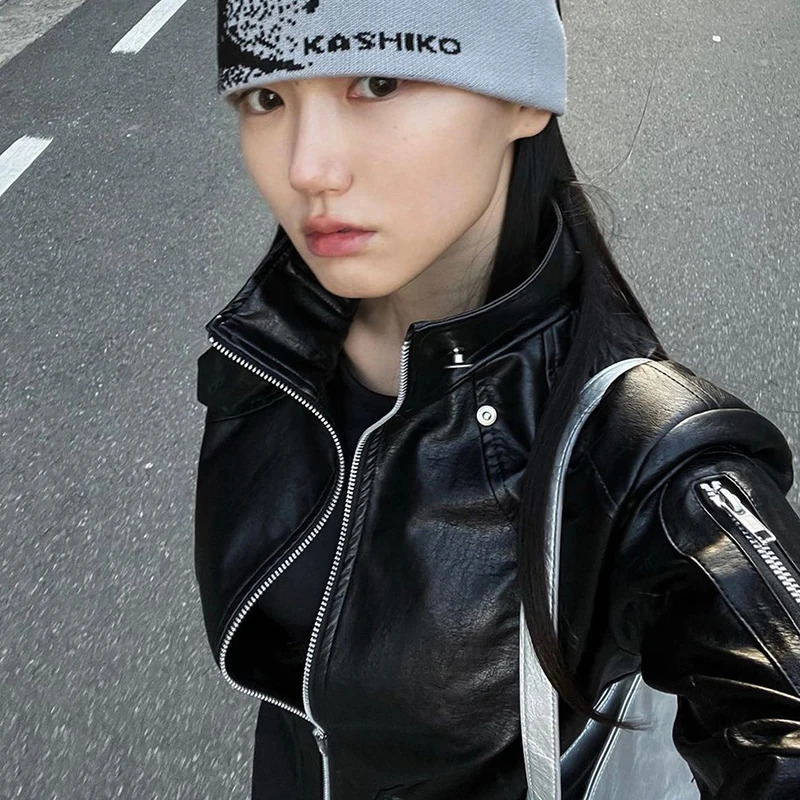 Women Vintage American Pu Leather Jacket Motorcycle Stand Collar Long Sleeve Outwear Harajuku Y2K Slim Punk Zip Cropped Coat 251205