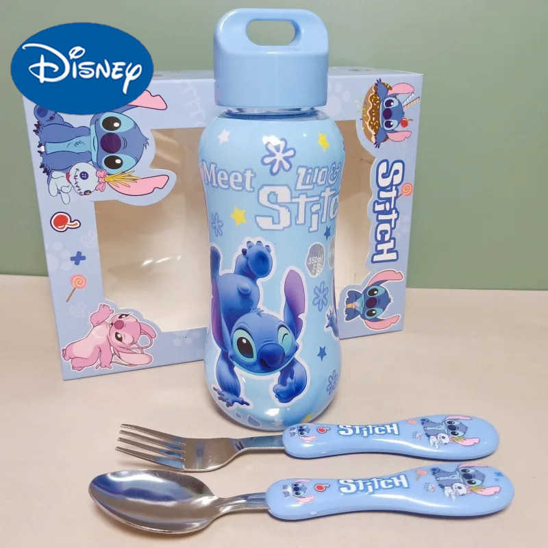 Disney 3Pcs Set Disney-Anime Stitch Water Bottle Set for Kids Portable Tableware Cartoon Childrens Spoon Fork Outdoor Gift H251215