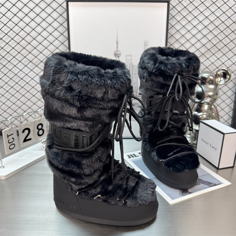 Designer shoes, fashionable long snow boots, winter thick soled lace up high rise moon boots, ugly, cute, anti slip, warm cotton shoes, luxurious shoes