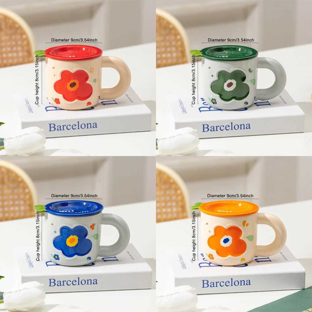 g Ceramic Lid Coffee gs Flower Pattern Breakfast Cup Handle Restaurant Kitchen Off Teacups Drinking Supplies Red H251215
