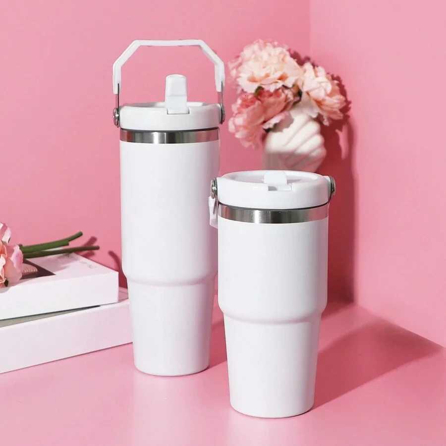 1pc Vacuum Tumbler with Lid Stainless Steel Portable Water Bottle with Dazzling Handle Insulated Tumbler Tote Handle 20/30OZ H251215