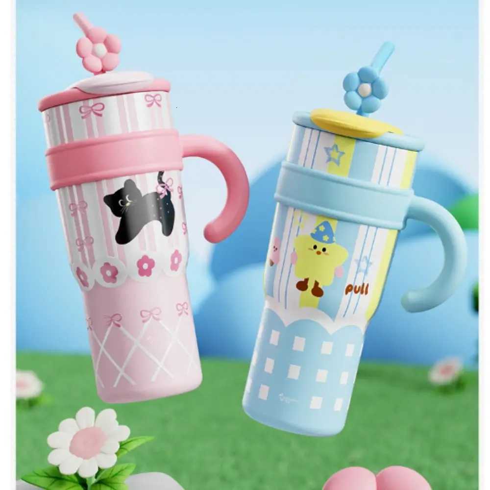 Cute 700ML/1200ML Insulated Cup Stainless Steel Cartoon Drinking Straw Cup Large Capacity with Handle Water Bottle H251215