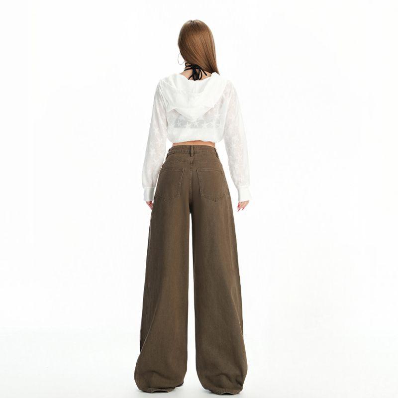 Brown-brown American vintage washed distressed jeans for men and women, loose straight-leg wide-leg pants---6603