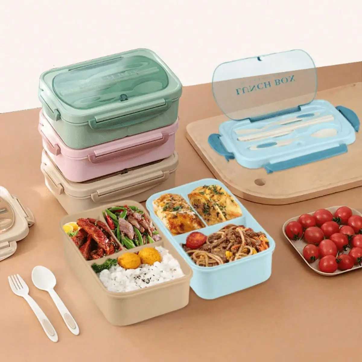 1pc Food Box PP Divided Bento Box Ces With Fork And Spoon Microwave Oven Suitable For Students And Off Workers H251213