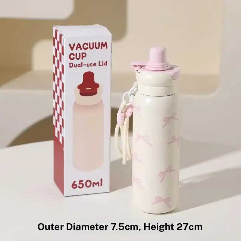 Cute Cartoon Fashion Straw Cup Large Capacity Student Dual Water Bottle Stainless Steel Insulated Flask Bow Bear Pattern H251215