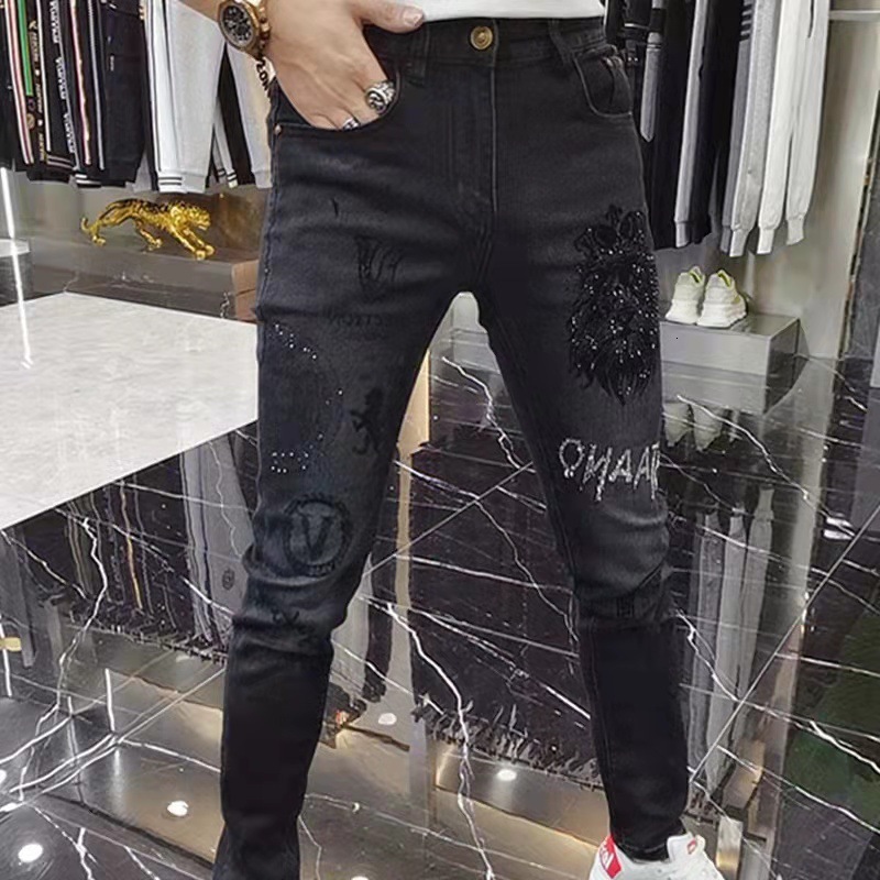 Mens Broken Hole Black Drill Pencil Jeans Slim Men Street Punk Denim Pants Classic Cowboys Skinny Young Man Biker Trousers 240318