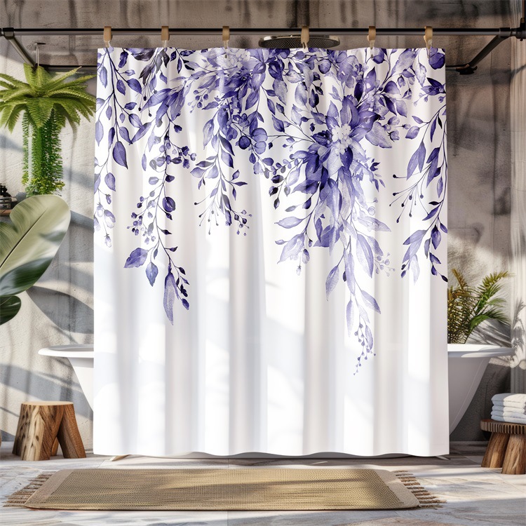 YL-37966 Watercolor Floral Leaf Print Shower Curtain, No-Drill Toilet Polyester Partition, Waterproof Bathroom Decoration