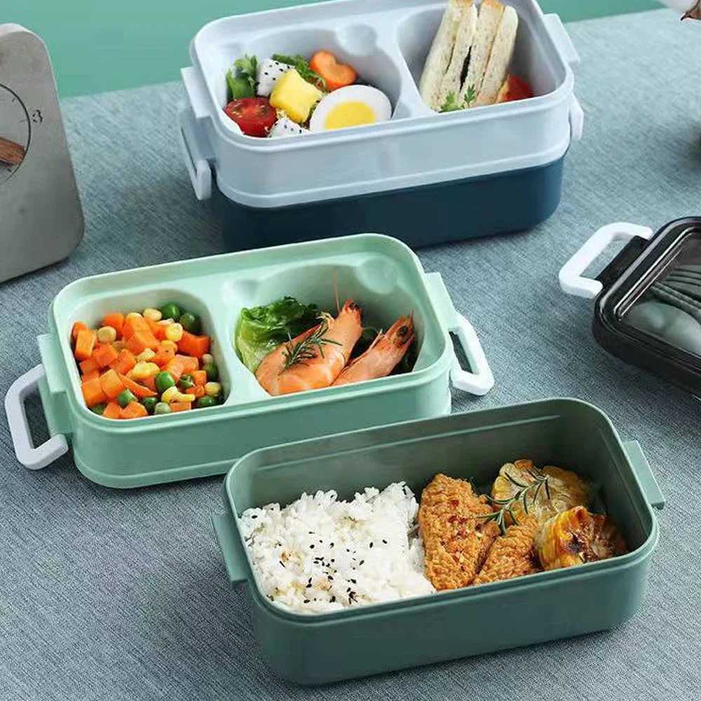 1pc 1400ml Double-layer Lunch Box Portable Cpartment Food Box Microwave Lunch Box With Fork Chopsticks And Spoon Picnic Fresh H251213
