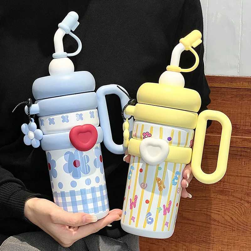 Straw Insulation Cup Large Capacity Water Cup Female Students Cute Portable Handle Water Bottle Jumbo Cup H251215