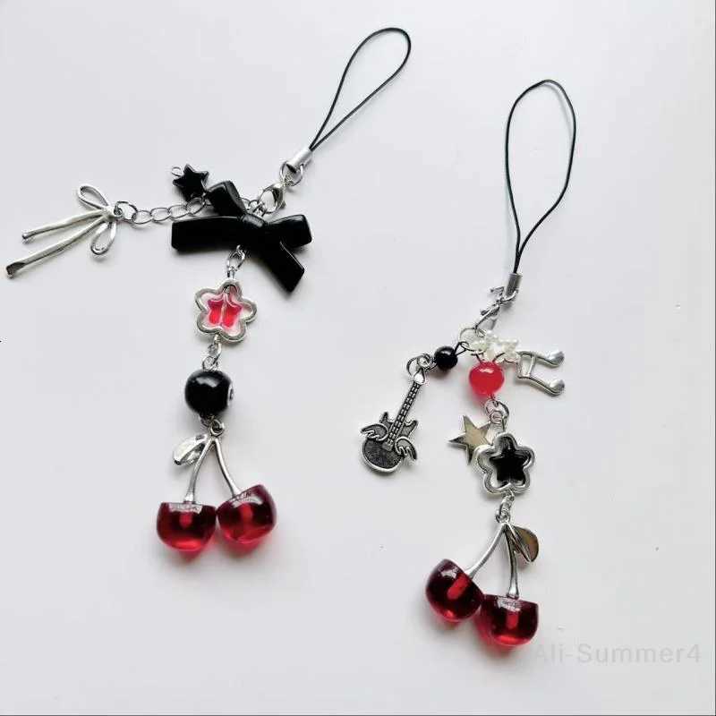 1 Piece Charms Red Cherry Bow Phone Chain Key Ring Y2K Bag Pendant Keychain Accessory friend Gift M251215