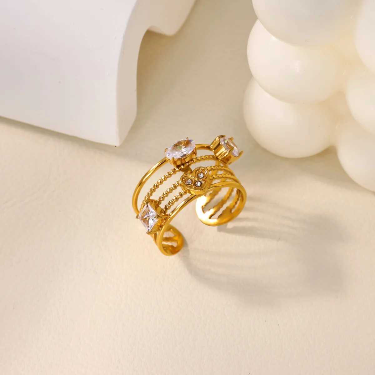 Zircon Butterfly Heart Rings for Women Girls Gold Color Stainless Steel Open Ring Trendy Luxury Aesthetic Jewelry 2025 Style M251215