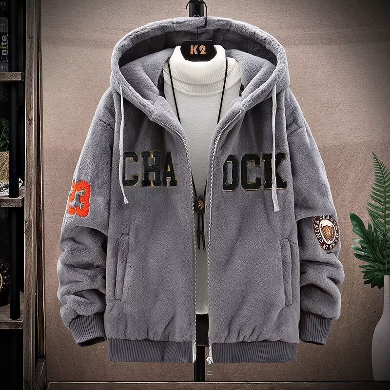Men's Sherpa-Lined Padded Jacket - Autumn/Winter Trendy Stand-Up Collar Faux Mink Fleece Thickened Plush Outerwear for Teens