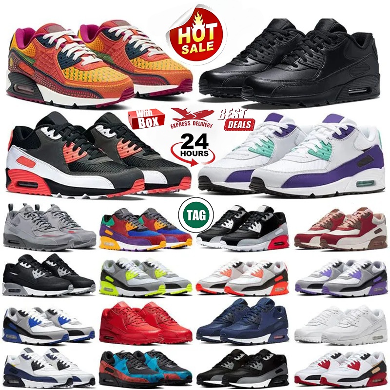 With Box 90 Men Running Shoes 90s Mens Trainers UNC Triple Black White Leather Red Wolf Grey Caramel Platform Loafers Outdoor Sports Sneakers Chaussures EUR 36-47