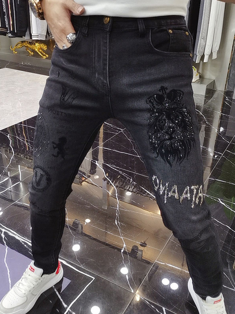 Mens Broken Hole Black Drill Pencil Jeans Slim Men Street Punk Denim Pants Classic Cowboys Skinny Young Man Biker Trousers 240318