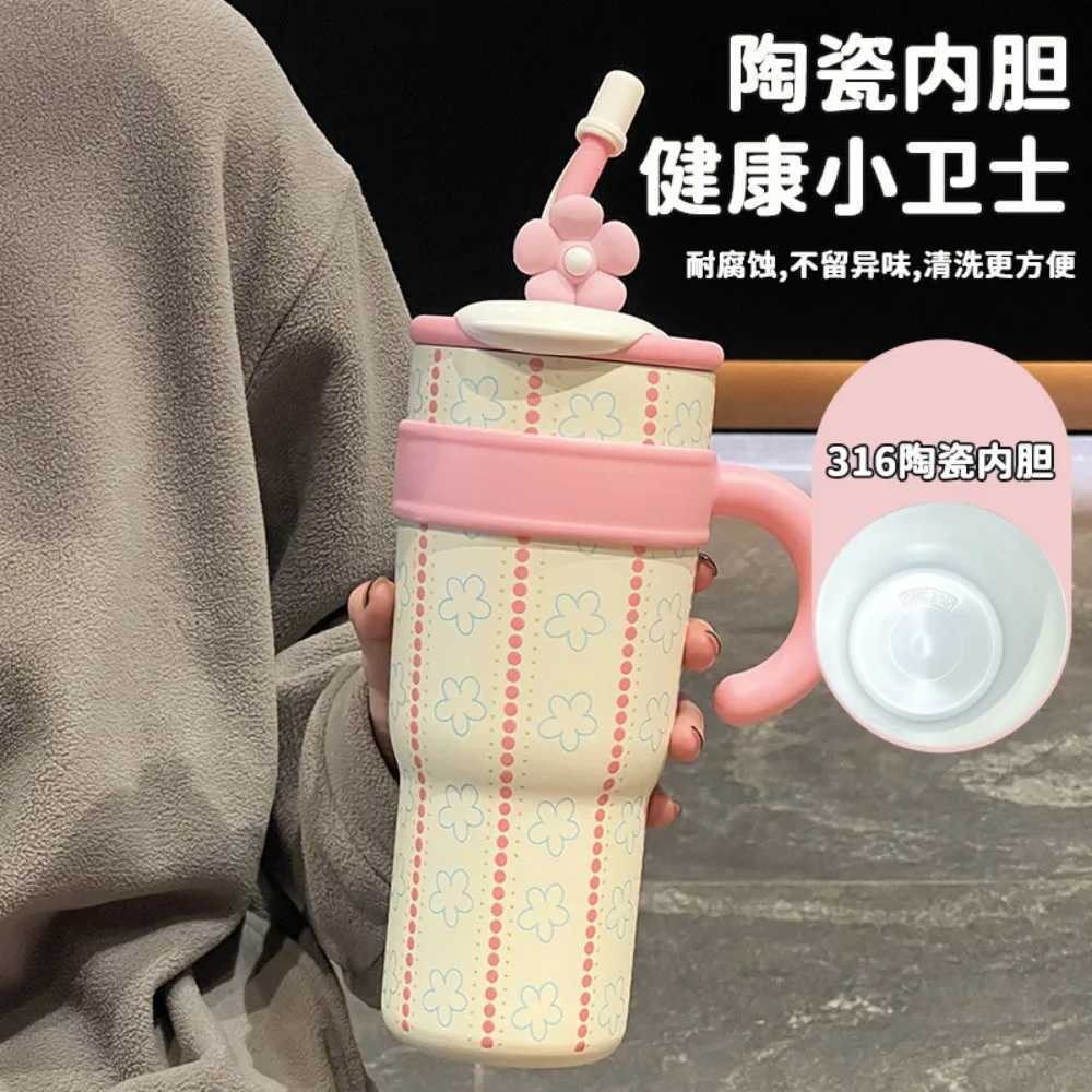 Ceramic inner pot thermos Big Mac handle Ice cup Double-drink straw water bottle Large capacity high value cup for H251215
